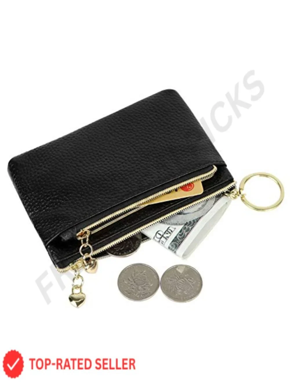 Genuine Leather Coin Purse with 3 Zipper Pockets, Small Travel Wallet